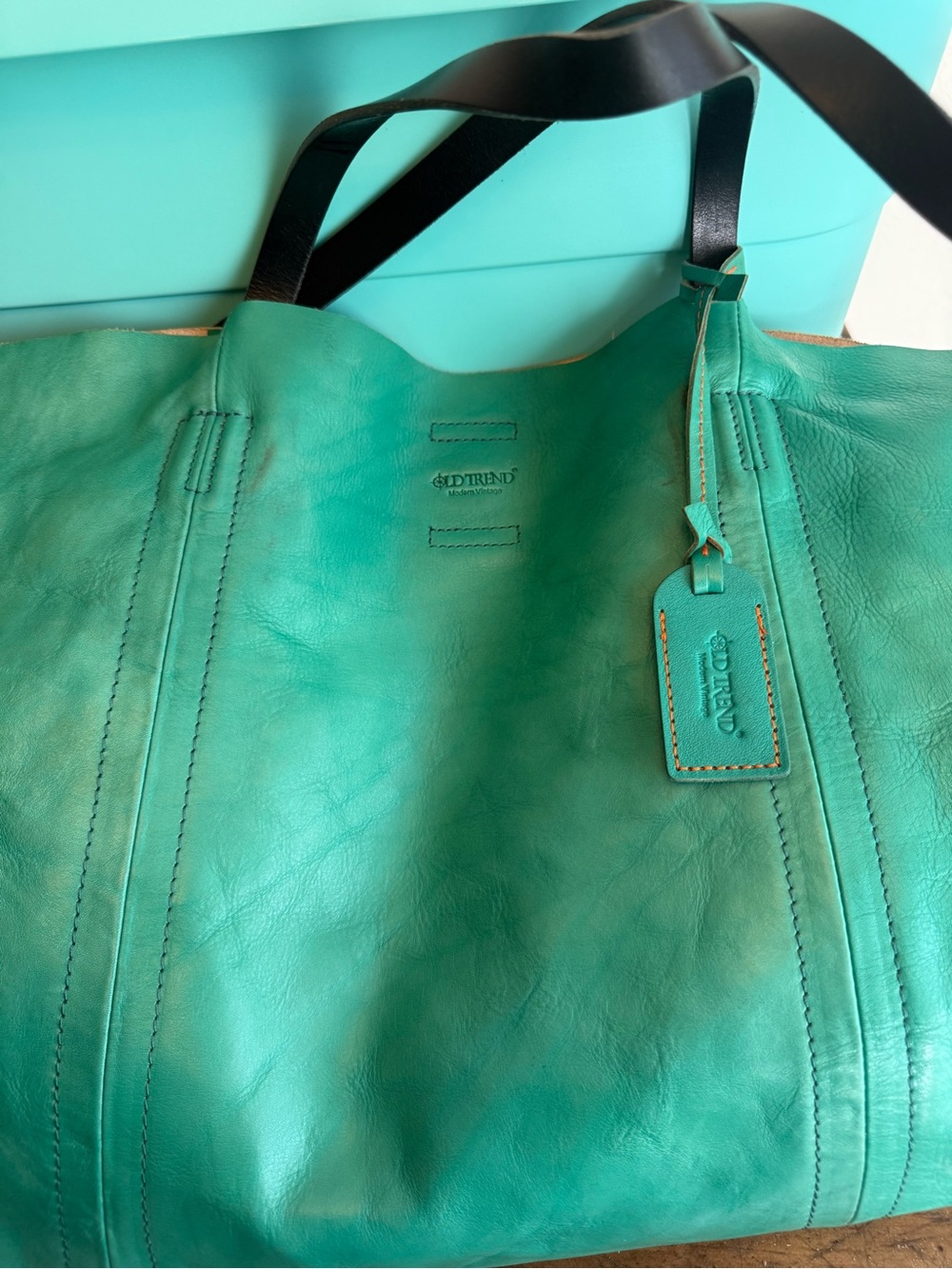 Green Leather Tote Bag with Black Handles